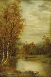 Herbstlandschaft mit Teich und Burgturm
